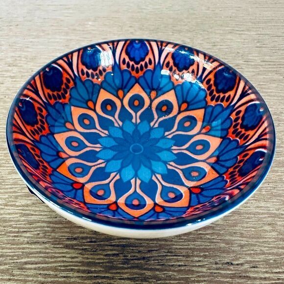 Ceramic Trinket Dish Serving Bowl Orange Blue Boho Pattern - Picture 1 of 4